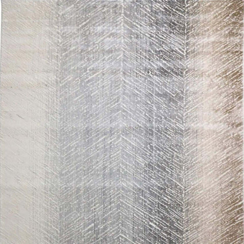 Square close up view of the Auger modern art rug, in a chevron pattern, flowing in an ombre hue of brown and grey.