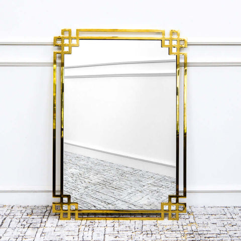 Christophe Gold Greek Wall Mirror. Polished gold mirror with greek key details on each edge of mirror.