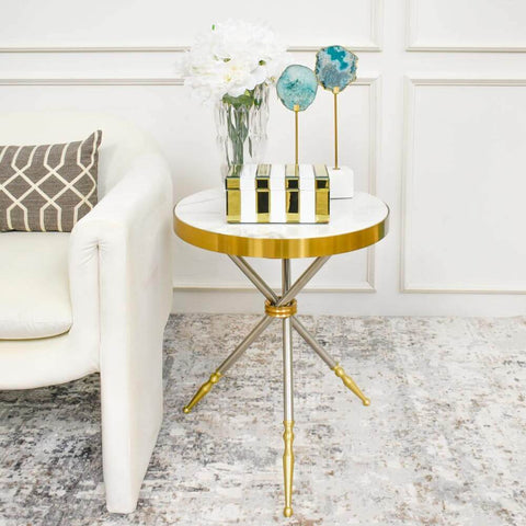 Cristian End Table sits in living room glamorously next to sofa as a little cocktail corner. It is the perfect modern vintage end table.