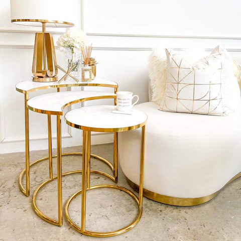 Nesting tables are the perfect space-saving solutions for small spaces. Made with cultured marble table tops, this Eden Gold Marble Nesting Tables Set of 3 nesting tables creates extra storage for snacks and refreshments when you entertain, and is also ideal to showcase your decor, small plants, and books.
