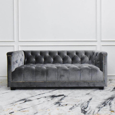 Modern Vintage 3-seater Chesterfield sofa in Grey Velvet with Tufting details and vintage nail head trim.