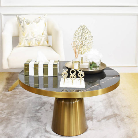 Louis Marquina marble Coffee Table, smooth black marble grains on table top, style your coffee table up with a gold and white Kassie tissue box and the Ophelia tray to hold your table decor pieces in place. 