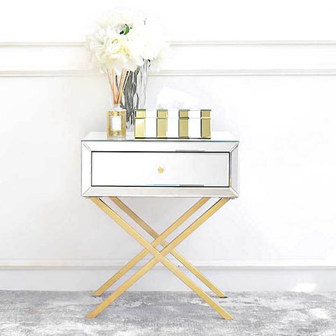 Paris Mirrored Nightstand 1-drawer with Crossed Legs in Gold Steel.