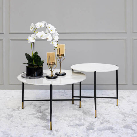Rococo Marble Nesting Coffee Tables, Round Carrara Table Decor Ideas, small and large nesting table size.