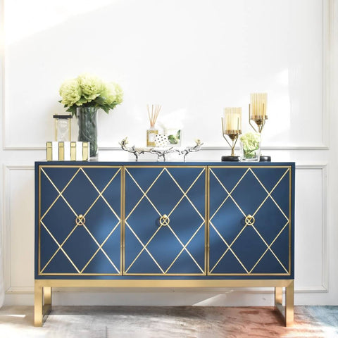 Modern and Luxury design elements make Finn Avenue's Valentino 3-Door Cabinet Sideboard. In blue with gold details,  thjis sideboard is a focal piece in any room.