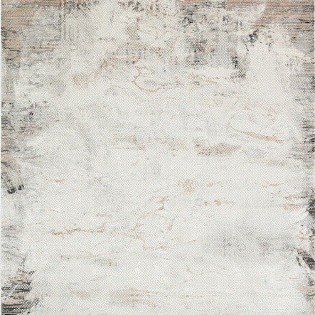 The Van Holland Abstract Art Rug features smooth textures with varying hues of grey and beige around the edges and a centralised ivory colour palette.