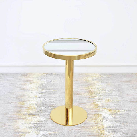 Vis-a-vis Round Small Coffee Table (Tall) is designed with mirrored table top inset stainless steel polished gold rim. Small round table sits atop a pedestal polished gold round base in stainless steel for a vintage yet timeless feel.