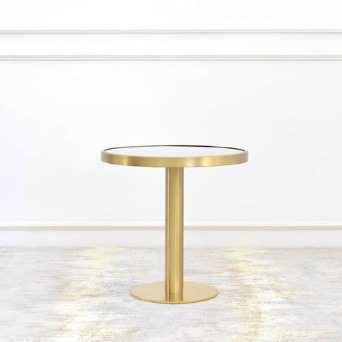 Vis-a-vis Round Coffee Table (grande) with mirrored table top inset stainless steel plated in gold rim that joins a pedestal gold round base. Perfect for a small living room or as a bedside table.