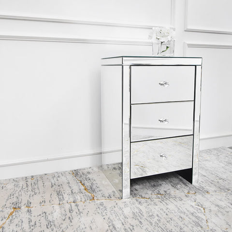 Side view of Mireille Mirrored 3-drawer Nightstand.