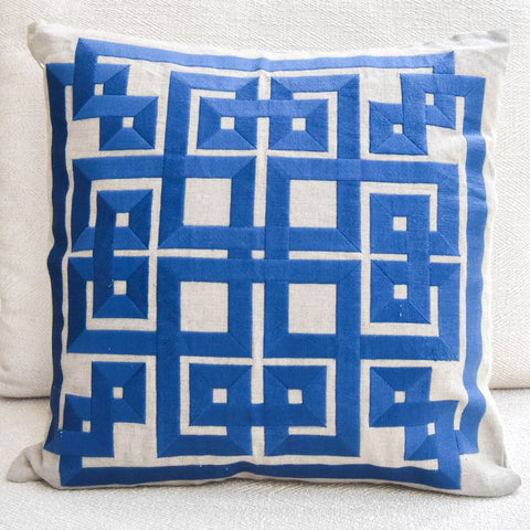 Beth lacefield Blue Cushion, Atlanta based artist and textile designer plays up layering of textures, patterns and color. This throw pillows expresses a timeless styled design using 100% Linen inlaid with beautiful embroidery of Greek Key Geometric design.
