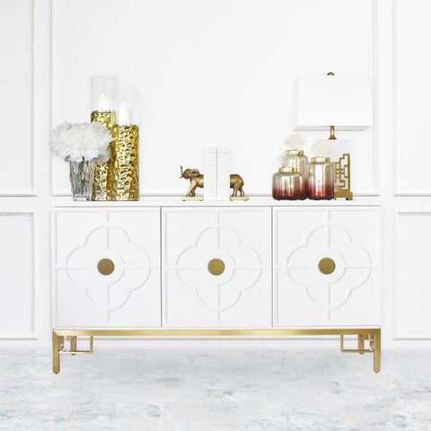 Divine 3 Door Cabinet Sideboard, Ivory White Gold Decor in Luxury Modern Living Room Home Design Decor.