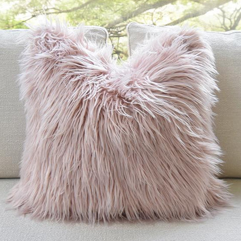 FurFur Shaggy Faux Fur Cushion, Available in a soft Blush Pastel Pink.