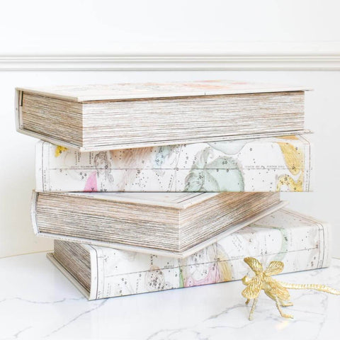 These charming wooden book box collection make worthy homes for your most cherished keepsakes. Elegant designs grace each cover featuring soft pastel colored hand-drawn maps on canvas.