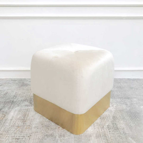 Gulliver Gold Vanity Ottoman Stool in 45-degree on Luxury Rug for Mid Century Inspired Home Design.