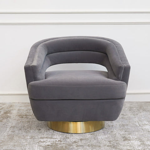 Kelly Swivel Gold Armchair, Grey Lined Velvet Upholstery.
