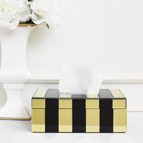 Close up look of Kassie glass tissue box in a timeless striped geometric design.