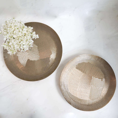 Gold textured round trays for interior home design decor ideas, available in 2 sizes.