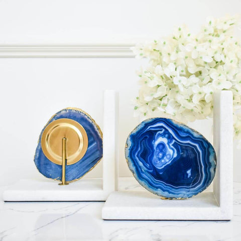 Pietra Blue Natural Agate Bookends, Natural Agates are grounding stones that bring about an emotional, physical, and intellectual balance. 