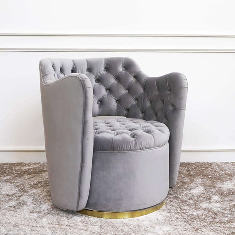 Raphael Modern Art Deco Armchair in Gold Base with Tufted Grey Velvet for Modern Living Room Design.