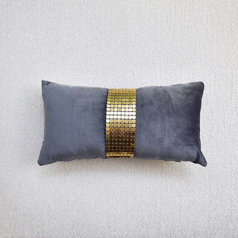 Dampierre Boudoir Cushion, Grey Velvet, Gold Mesh. Ideal for bed pillows or living room sofa.