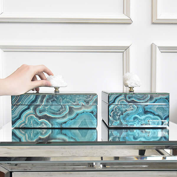 Hand on raw stone handle of Artemis Marble Trinket Box, Rectangle and square box.