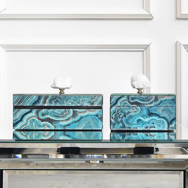 Artemis Marbled Trinket Box with Natural Stone, Blue agate Swirls.