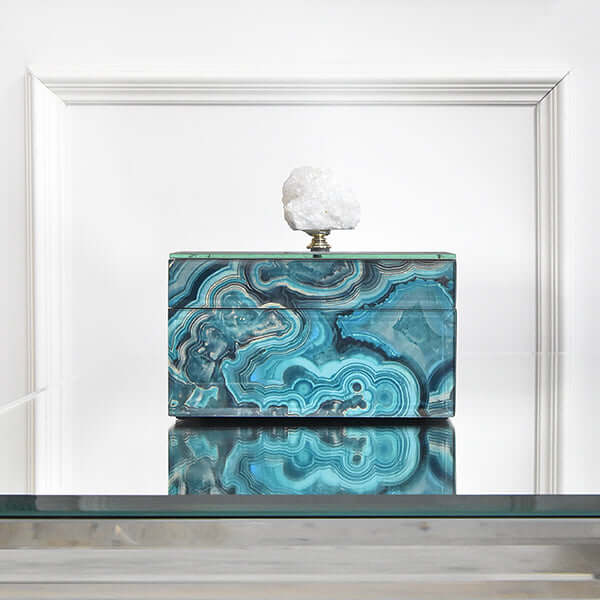 Marbled Square Box, Blue Swirls, natural crystal stone.
