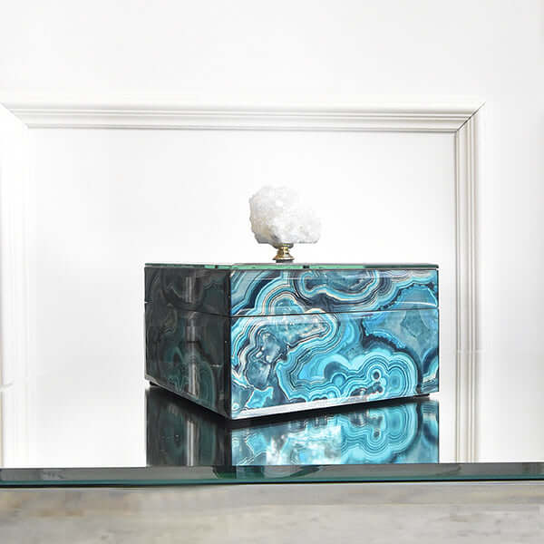 Side view of Crystal handle on Artemis Marble trinket box.
