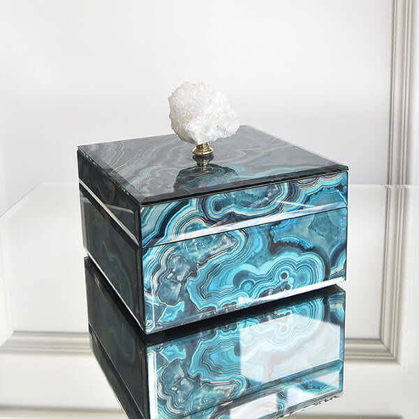 Top side view of Artemis trinket box, Teal agate patterned swirls.