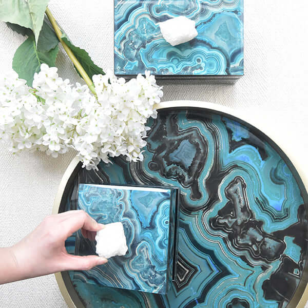 Top view of the Artemis collection, beautiful blue patterned agate swirls for a natural and coastal vibe to your home.
