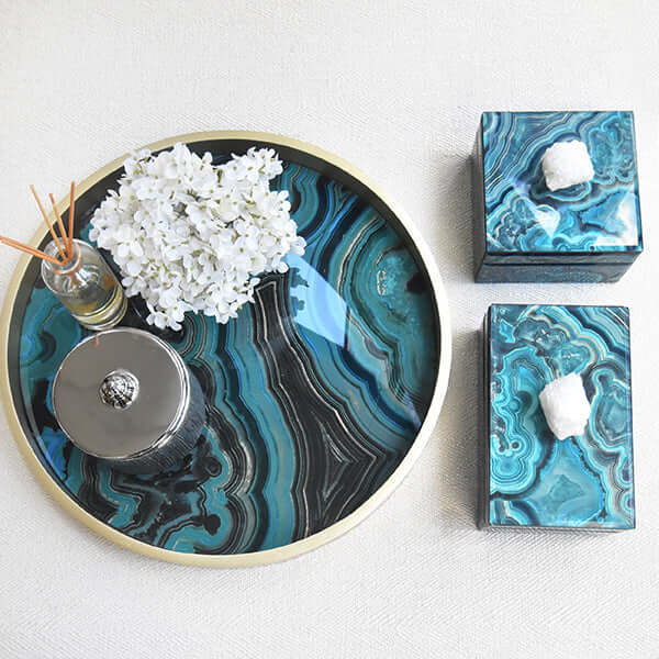 Rectangle and Square Artemis jewellery glass box, round tray with blue teal swirls.