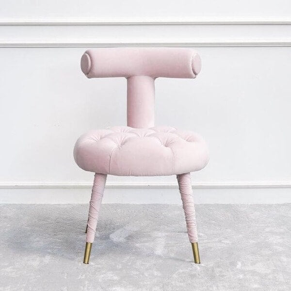 Abbey Vanity Chair, Tufted pink seats and Gold Feet.
