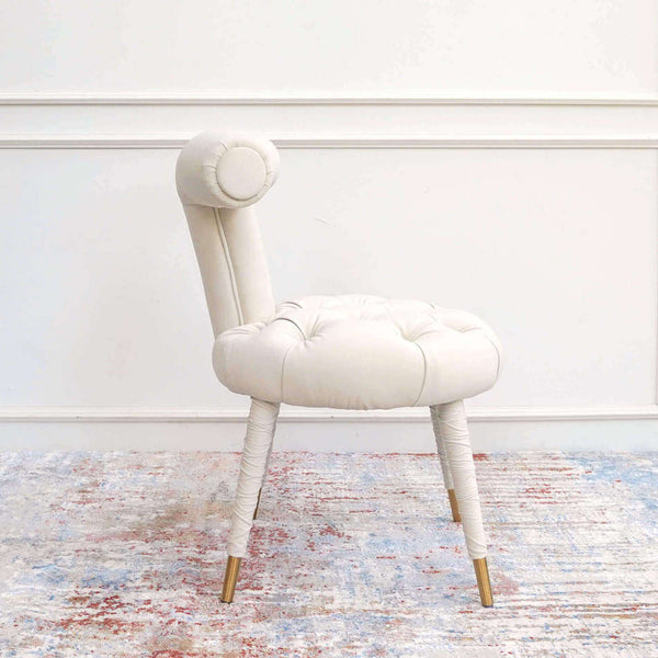 Side view of Modern Art Deco Chair in Cream Velvet for Dressing Table Chair or Study Chair.