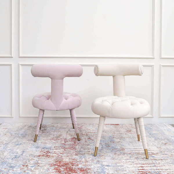 T-back pink and ivory accent chair with beautiful tufted upholstery.