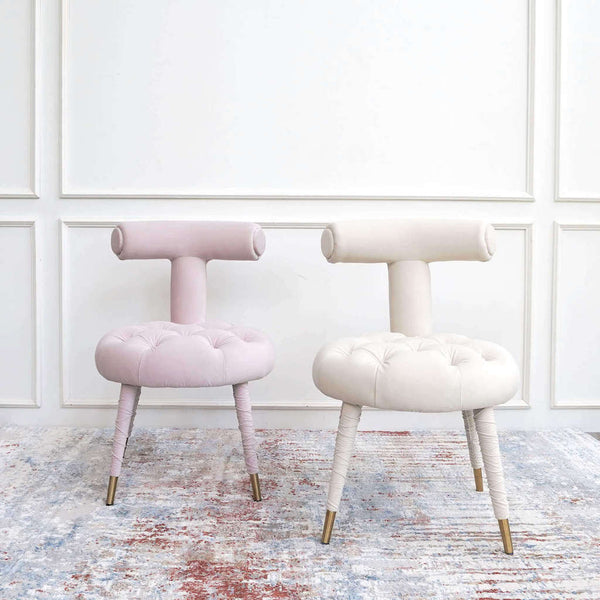 Trendy T-back Abbey accent chair, tufted blush pink and ivory cream.