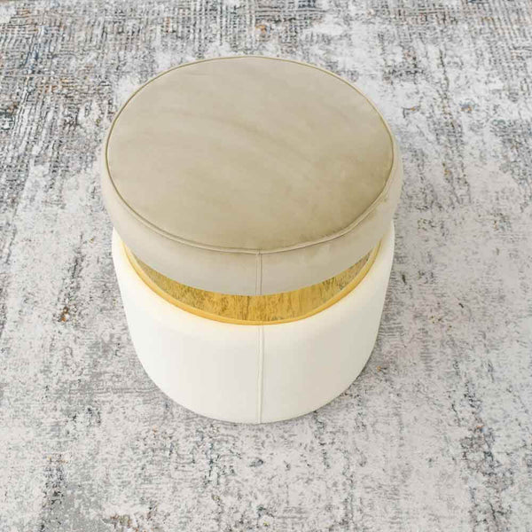 Timeless and elegant Alba vanity stool in neutral colour palette of champagne and cream with a metal gold belt.