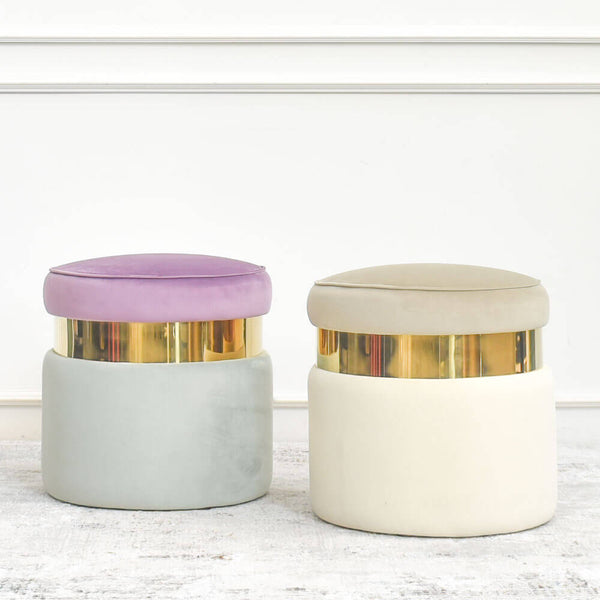 These elegant and classic ottomans, namely Alba Pastel Stool and Alba Cream and Champagne , both belted in gold, are designed for the modern luxury home designs.