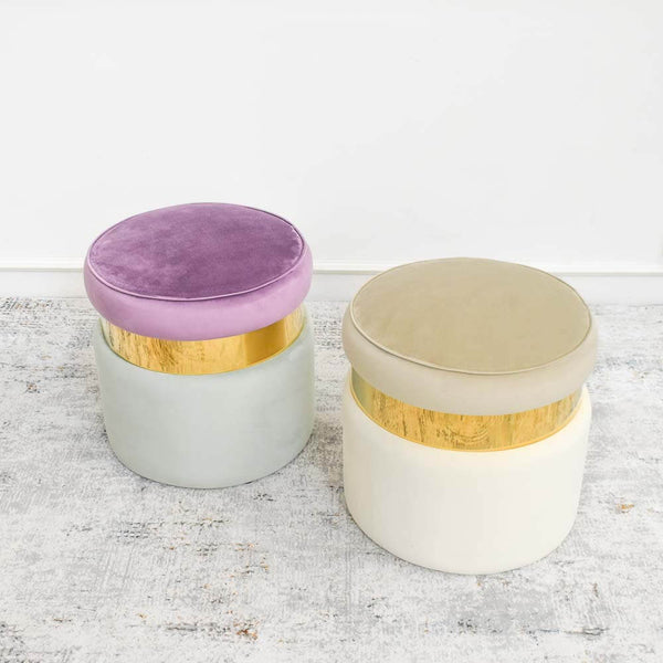 Alba Vanity stools that work perfectly as ottomans for completing a perfect living room.