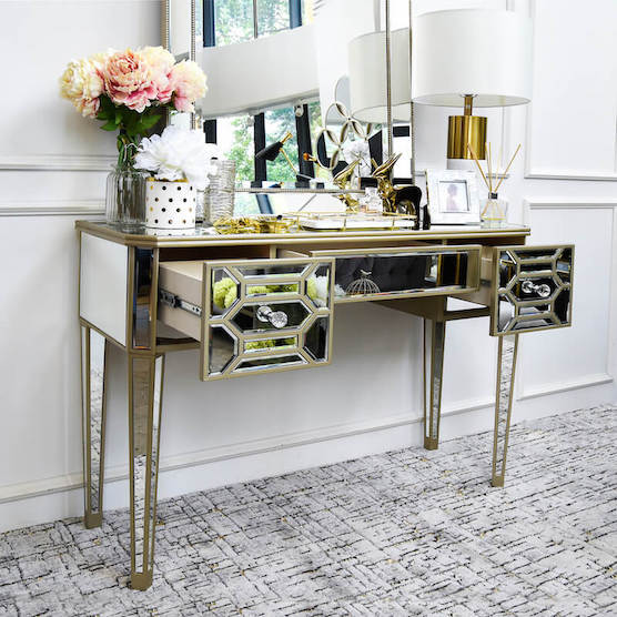 Details of the beautiful mid-century elegant Alchemy vanity drawers.