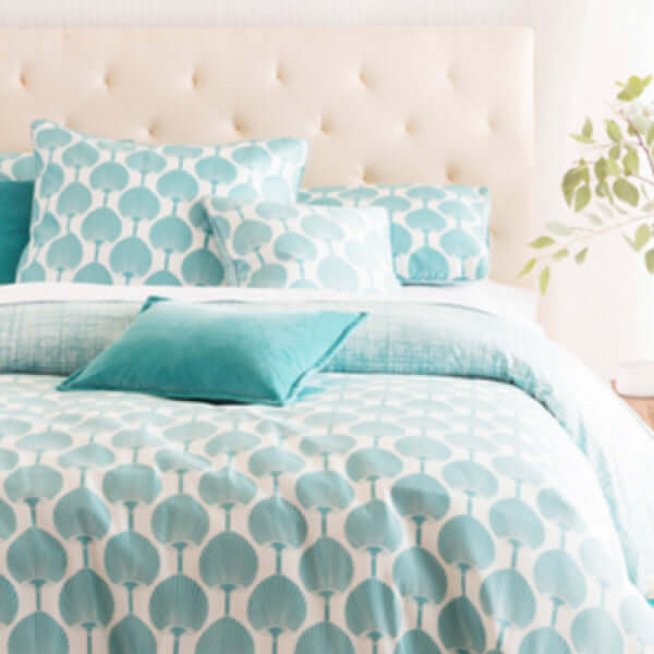 Blue and white themed bedroom interior set.