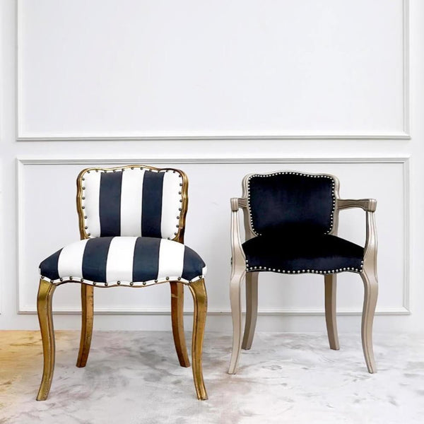 Modern Art Deco Chairs in Timeless Gold Black Collection on display at Finn Avenue Furniture Shop Showroom.