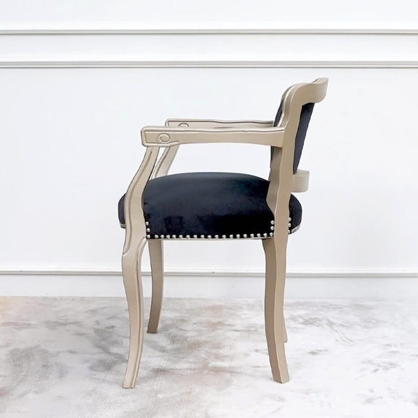 Arte Champagne Armchair in Modern Mid Century Design with Silver Nail Trim Details.
