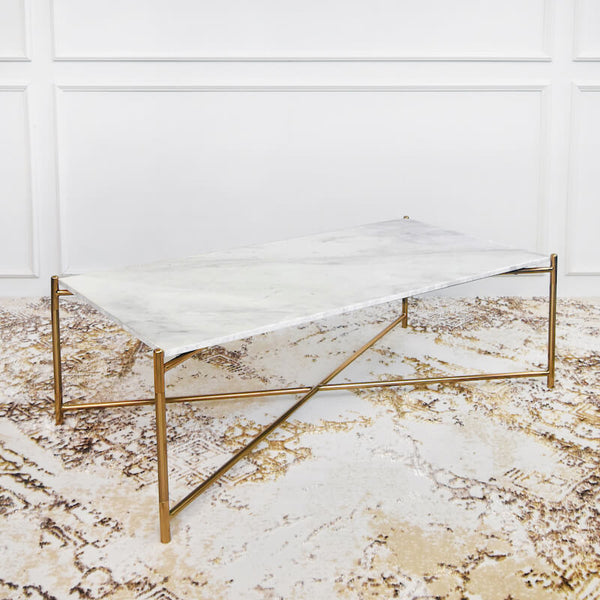White marble coffee table with polished gold stainless steel leg frames.