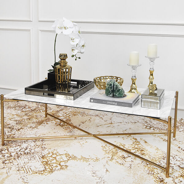 Living room Decor ideas for rectangular white marble coffee table.