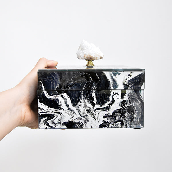 Perfect Gift - Jewelry Box - Black Marbled Glass with Natural Stone in White.