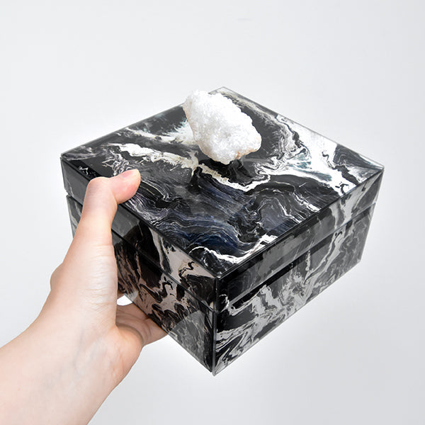 Trinket Box - Black Marbled with Natural Crystal rock holder in White.