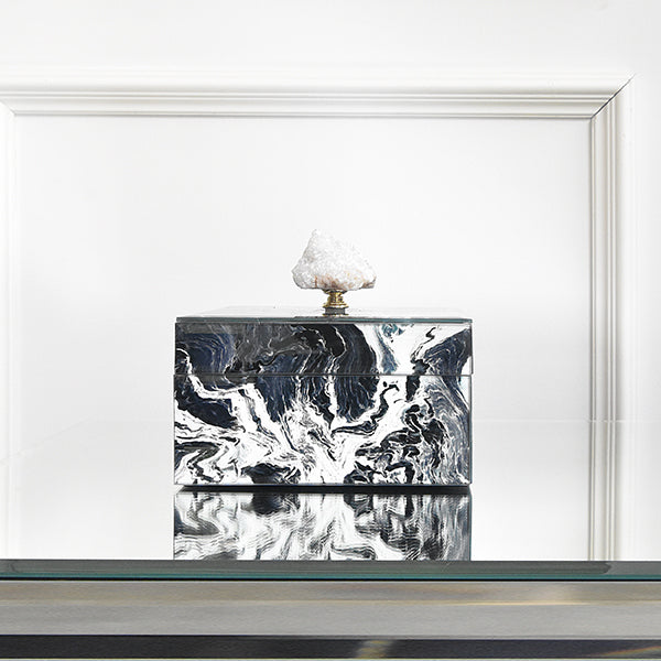 Black Marbled Trinket Box with Natural Raw Stone handles for a unique look.