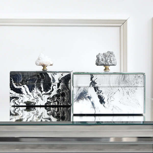 Home & Decor Marbled Trinket Boxes in Black and White Designs are displayed at Finn Avenue Furniture & Home Accessories Online Store & Showroom in Singapore.