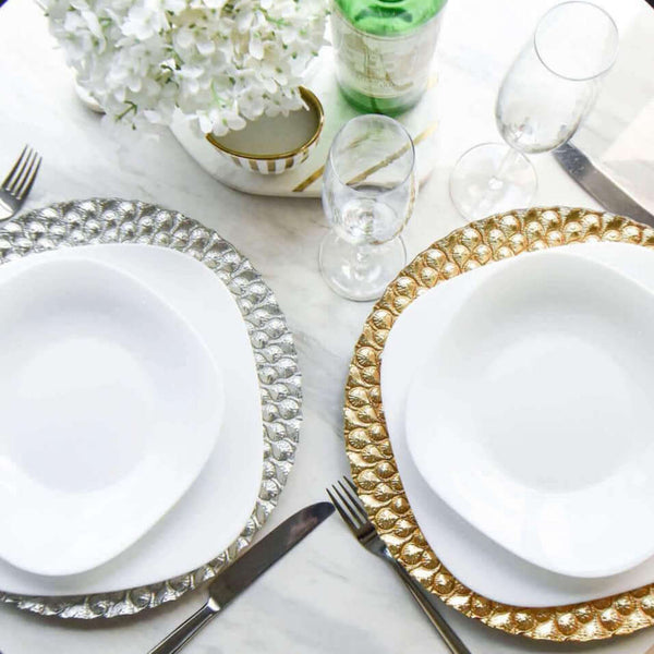 Silver themed glass charger plate dining decor set.