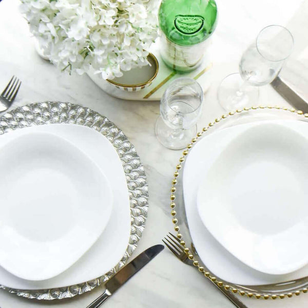 Round Table Decor Ideas with Silver and Gold Charger Plates.